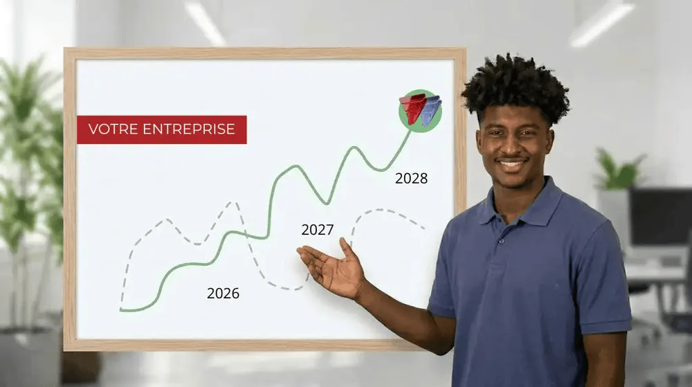 Kymm HENRY devant un tableau blanc traçant une courbe de croissance